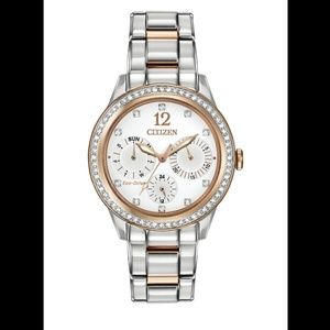 Citizen Eco-Drive Watch,  White/Rose Gold/Crystals